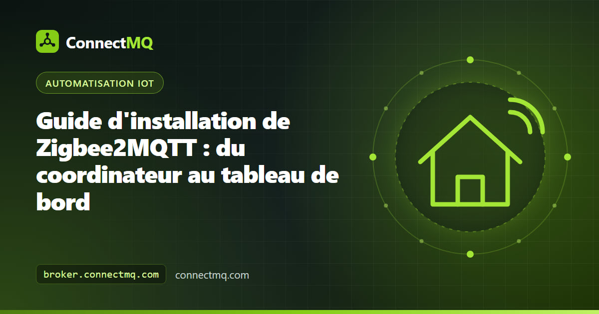 Coordinateur Zigbee USB branché sur un mini PC avec capteurs et ampoules Zigbee dans un schéma d'installation Zigbee2MQTT