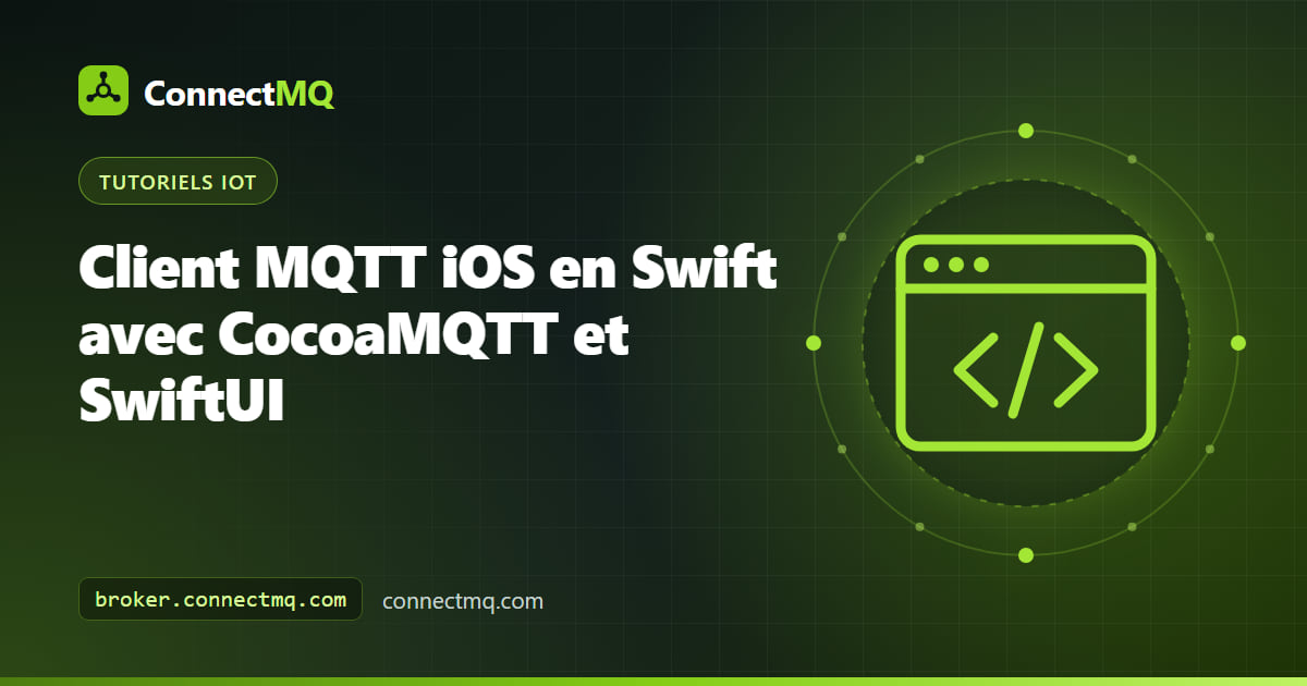 Application MQTT iOS en Swift sur un iPhone affichant des relevés de capteurs en direct depuis un broker cloud, avec un bouton de commande SwiftUI