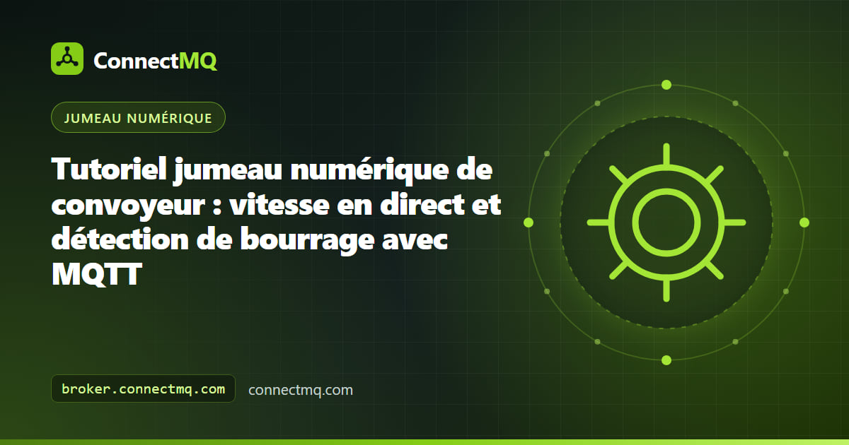 Jumeau numérique de convoyeur avec rouleaux, colis et alerte de bourrage rouge pilotés par des données MQTT en direct