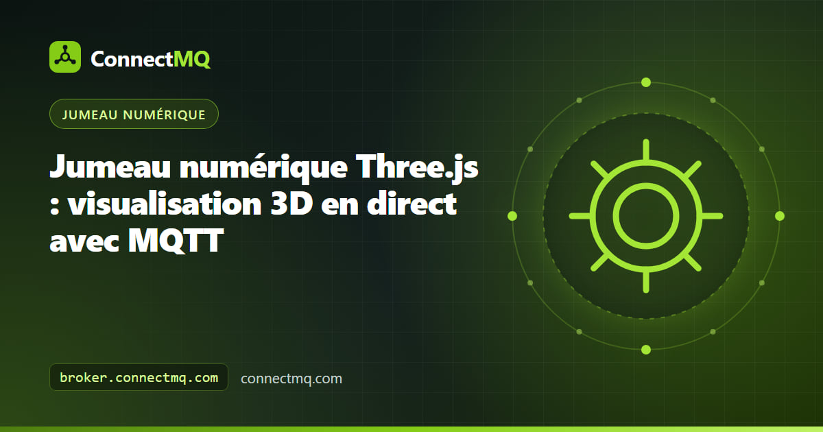 Jumeau numérique Three.js d'une cuve et d'un moteur changeant de couleur selon les données de capteurs MQTT en direct dans un navigateur