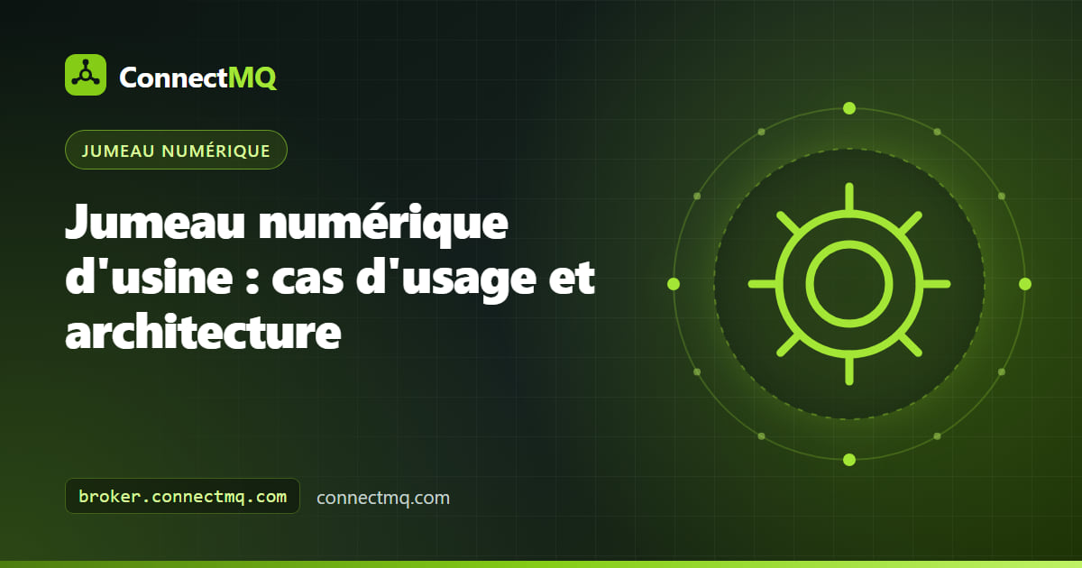 Jumeau numérique d'usine montrant une ligne de production 3D avec machines CNC, bras robotisé et convoyeur reliés à des flux de données MQTT en direct