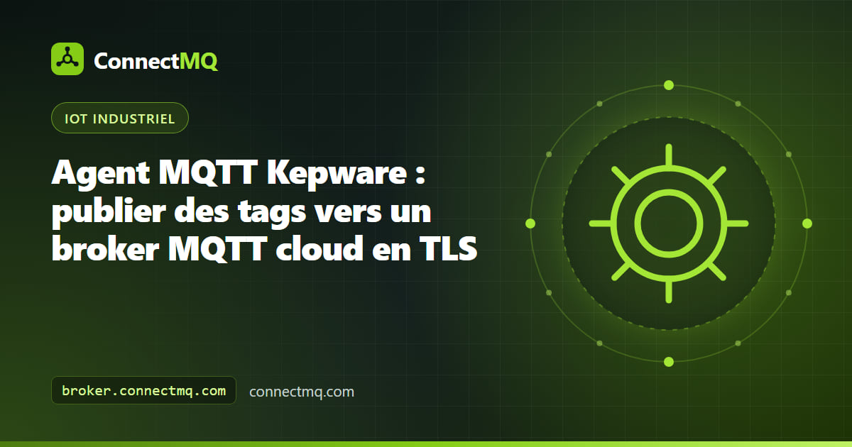 Serveur Kepware publiant des tags d'automates via son agent MQTT en TLS vers un broker cloud, illustrant la configuration Kepware MQTT