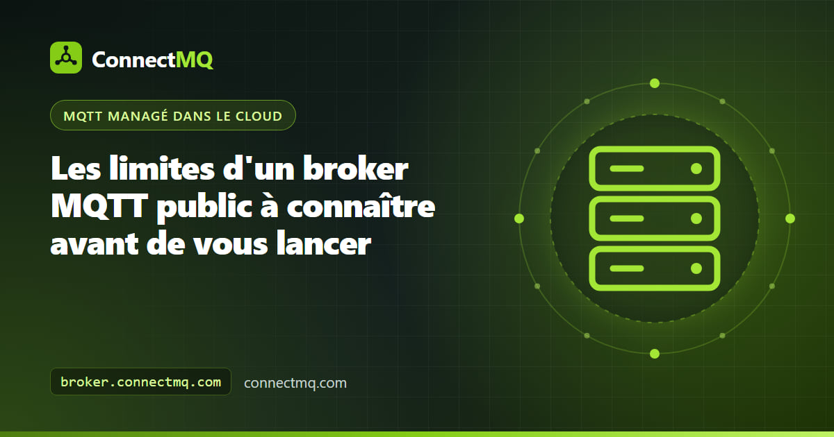 Illustration des limites d'un broker MQTT public, montrant de nombreux clients anonymes partageant un même espace de topics ouvert avec des jauges de débit et de taille