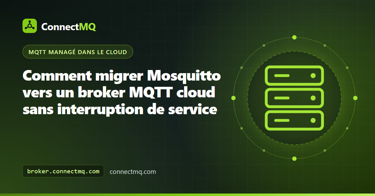 Schéma de migration de Mosquitto vers MQTT cloud, avec un broker Mosquitto local relié par un bridge à un broker cloud pendant le déplacement des clients