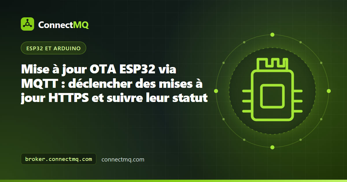 Appareils ESP32 recevant une commande de firmware dans un flux de mise à jour OTA ESP32 MQTT avec un serveur de téléchargement HTTPS