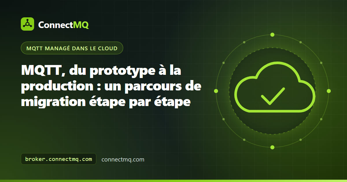 Illustration du passage d'un prototype MQTT en production, avec un capteur sur breadboard franchissant les étapes sécurité, topics et supervision jusqu'à un broker cloud