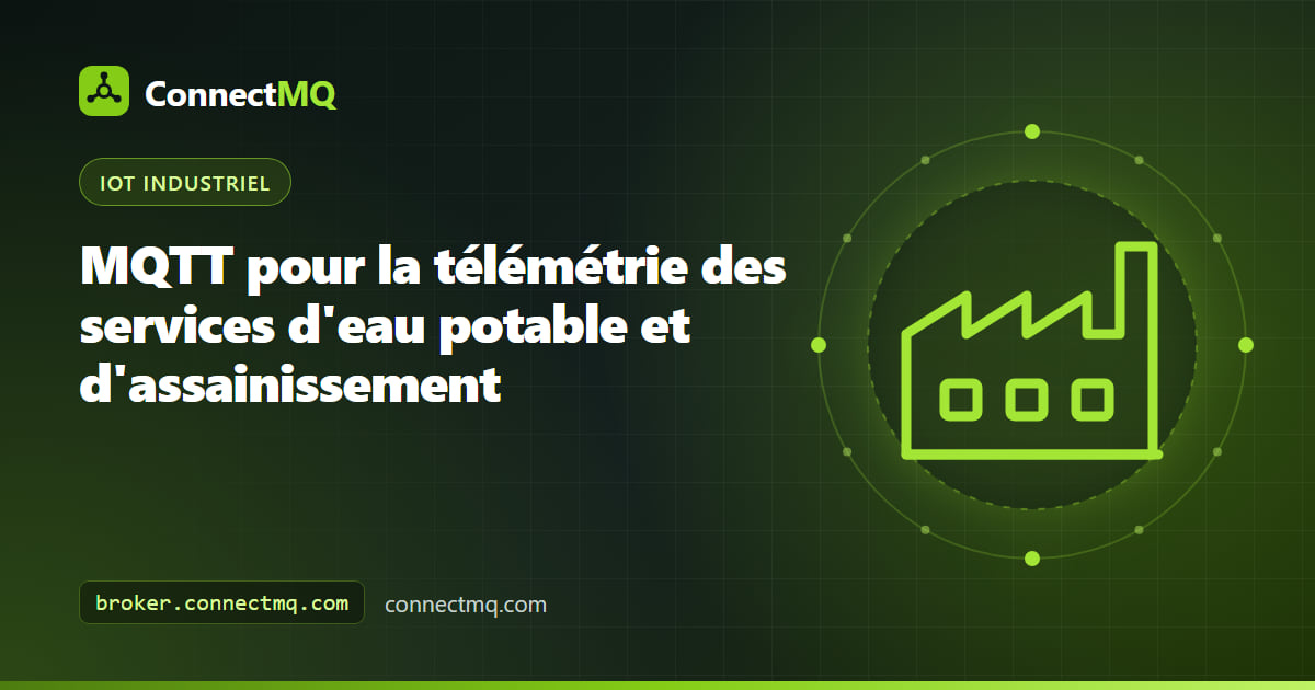 Station de pompage et réservoir sur colline envoyant des données de niveau et de pression vers un broker cloud avec des icônes d'alerte, illustrant la télémétrie MQTT pour la gestion de l'eau