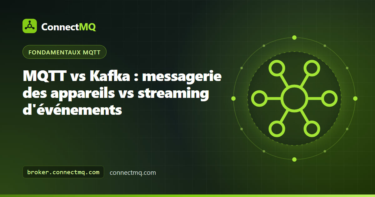 Schéma d'appareils de terrain publiant vers un broker et d'un service consommateur alimentant un journal partitionné, illustrant MQTT vs Kafka