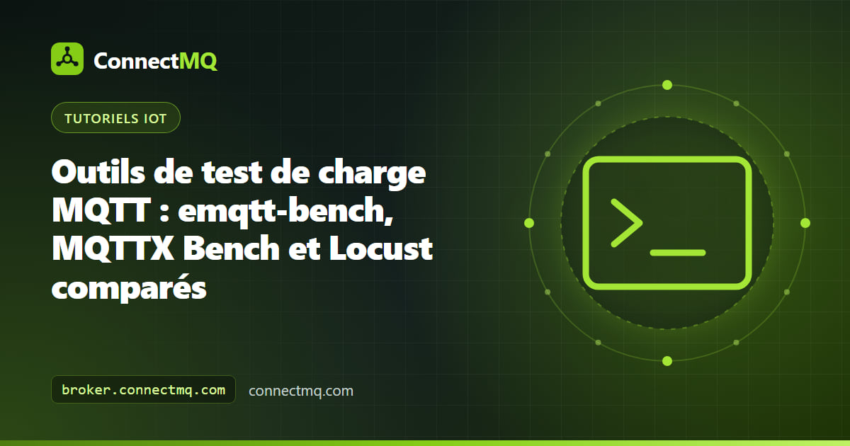 Tableau de bord d'outils de test de charge MQTT montrant la montée des connexions, le débit de messages et les courbes de latence