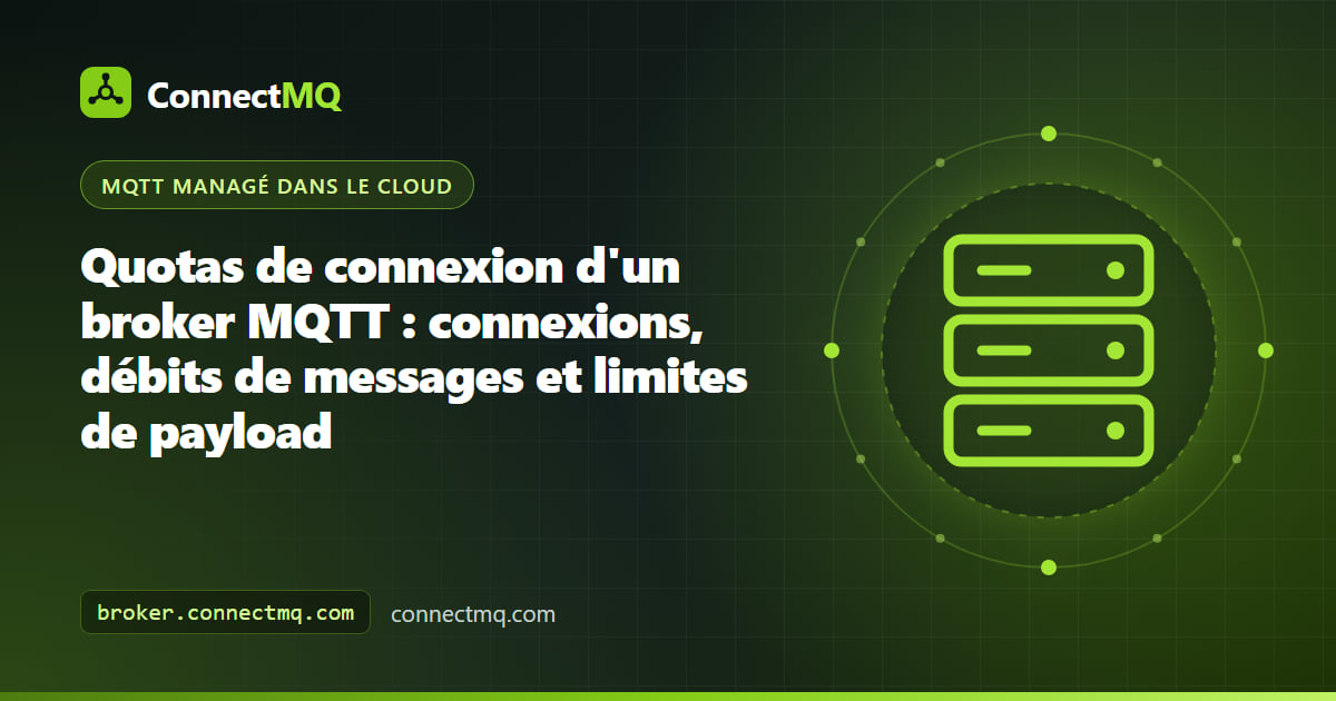 Illustration des quotas de connexion d'un broker MQTT avec des jauges pour les connexions, le débit de messages et la taille de payload sur un broker cloud