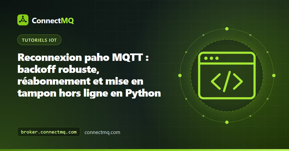 Schéma d'un cycle de reconnexion paho MQTT avec backoff exponentiel, réabonnement et file de messages hors ligne