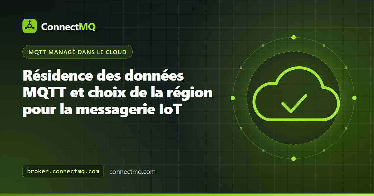 Illustration de la résidence des données MQTT montrant une carte du monde où les messages IoT restent dans une frontière régionale choisie autour du broker