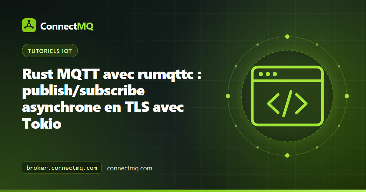 Illustration dans le style du crabe de Rust montrant un client Rust MQTT rumqttc qui envoie des messages en TLS