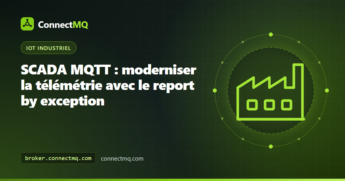 RTU distantes publiant leur télémétrie vers un broker central qui alimente des serveurs SCADA et des tableaux de bord, illustrant une architecture SCADA MQTT
