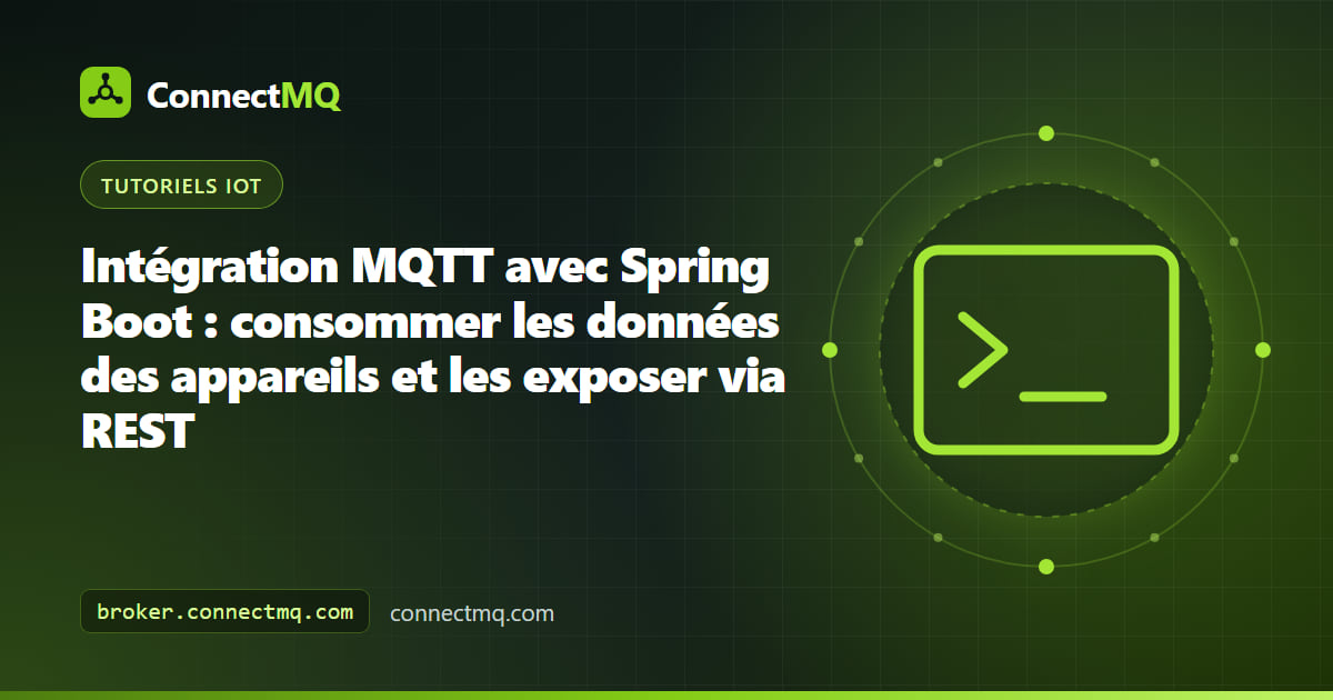 Logo feuille de Spring Boot relié à des appareils IoT illustrant une intégration Spring Boot MQTT