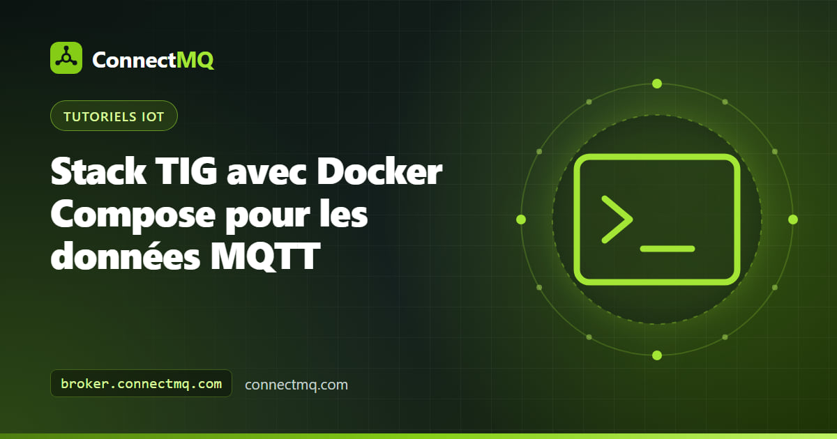 Schéma d'une stack TIG Docker Compose avec Telegraf lisant des topics MQTT, InfluxDB stockant les métriques et des tableaux de bord Grafana