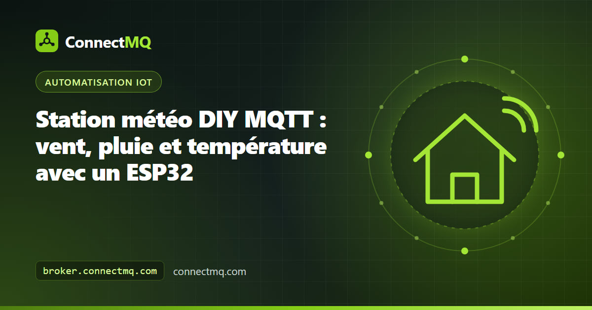 Mât de jardin équipé d'un anémomètre, d'un pluviomètre et d'un abri de capteur reliés à un ESP32 dans un montage de station météo DIY MQTT