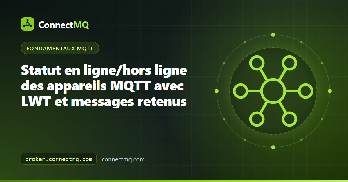 Tableau de bord de flotte avec des voyants verts et gris indiquant le statut en ligne MQTT de chaque appareil