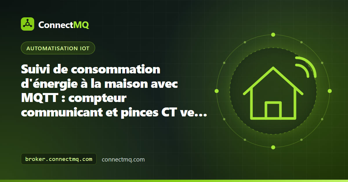 Tableau électrique avec pinces CT et compteur communicant relié à un graphique de consommation en direct dans une installation de suivi énergie maison MQTT