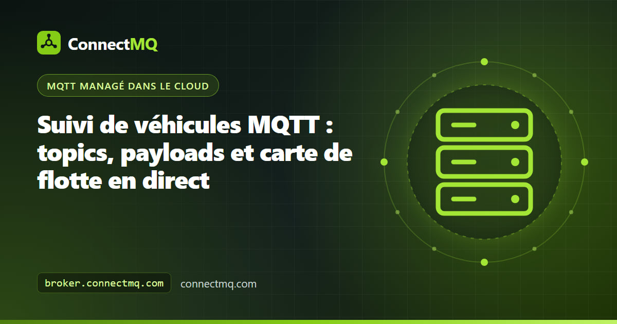 Illustration du suivi de véhicules MQTT montrant des camionnettes de livraison qui envoient leurs positions GPS par réseau cellulaire vers un broker cloud et une carte de flotte en direct