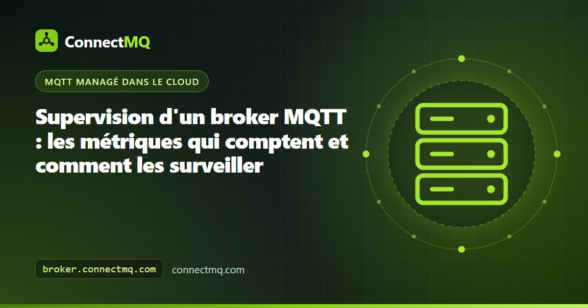 Illustration d'un tableau de bord de supervision de broker MQTT avec nombre de connexions, débits de messages et graphiques de latence à côté d'un broker