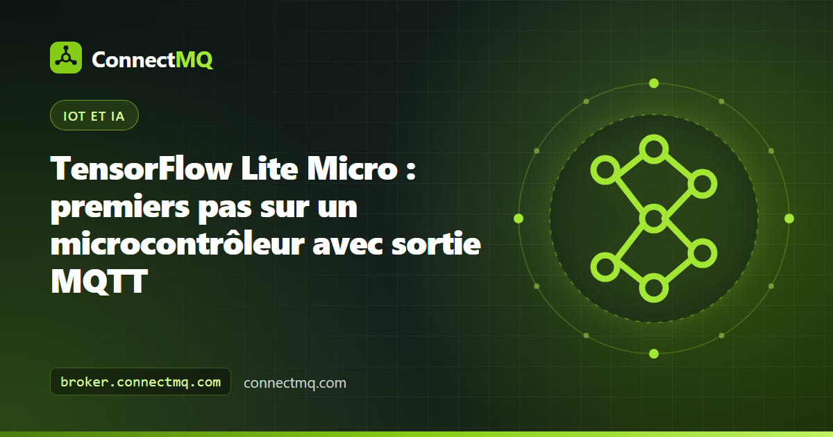 Illustration de prise en main de TensorFlow Lite Micro montrant un modèle quantifié chargé dans un microcontrôleur et des prédictions envoyées vers un broker MQTT