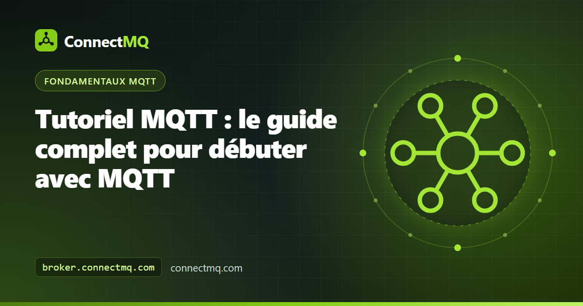 Illustration d'un tutoriel MQTT montrant un ordinateur portable, un capteur et un téléphone échangeant des messages via un broker central