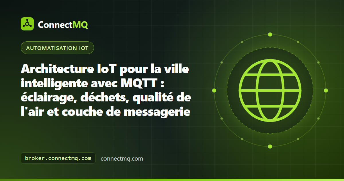 Architecture IoT de ville intelligente avec lampadaires, poubelles et capteurs de qualité de l'air reliés par des passerelles à un broker MQTT
