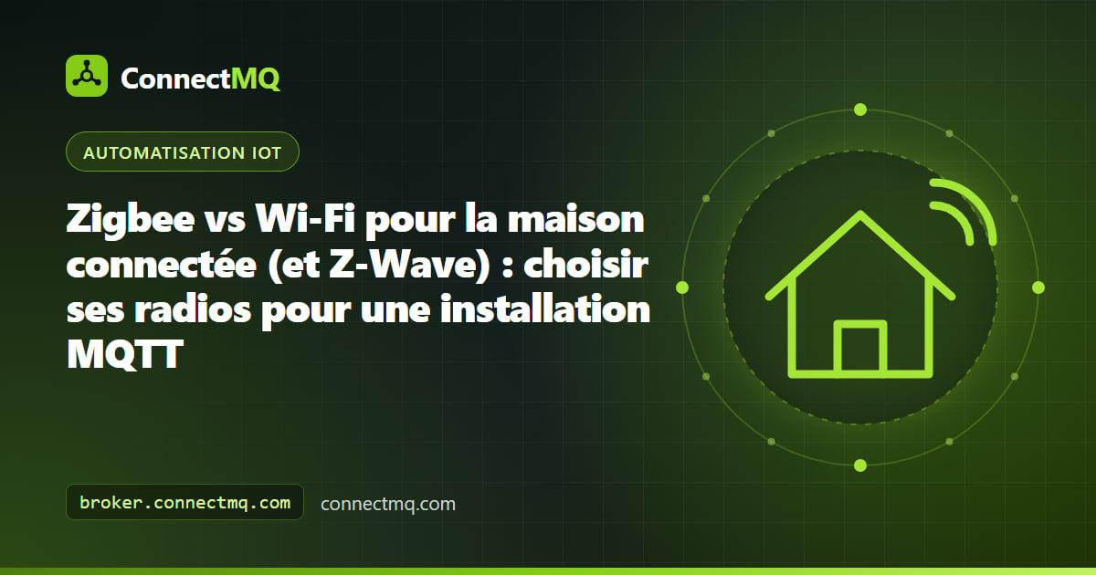 Comparatif Zigbee vs Wi-Fi pour la maison connectée avec des appareils Zigbee, Z-Wave et Wi-Fi reliés à un même broker MQTT
