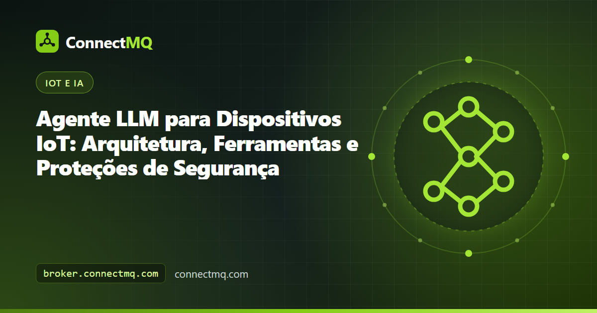 Diagrama de arquitetura de um agente LLM para dispositivos IoT lendo telemetria MQTT e enviando comandos aprovados por um gate de políticas