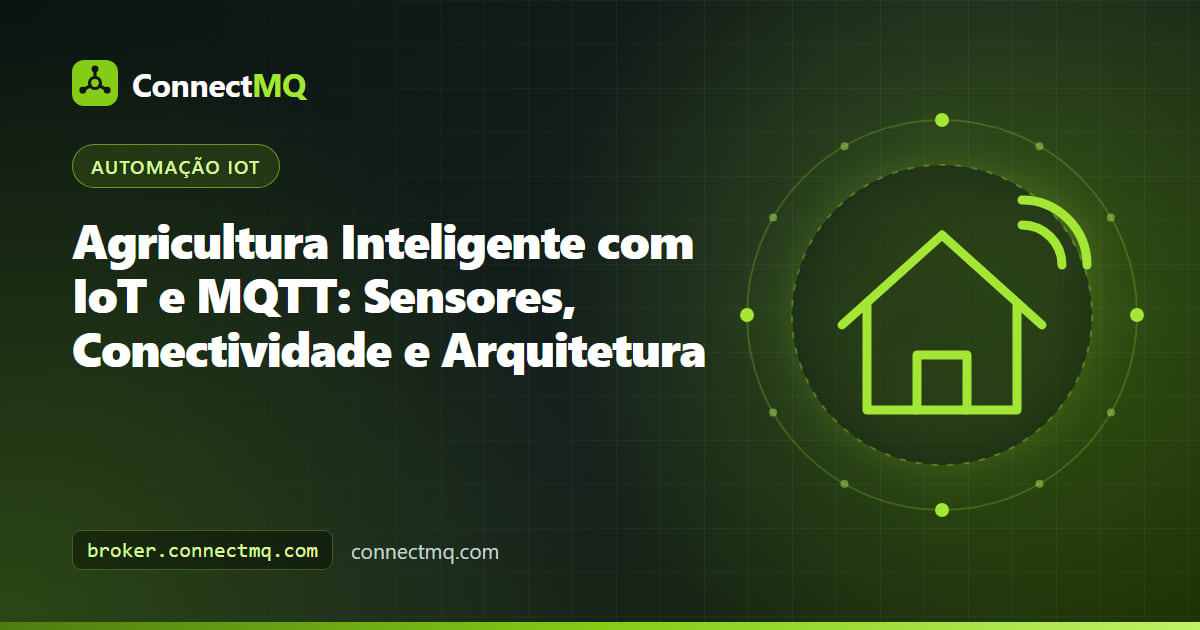 Campo de agricultura inteligente IoT com sondas de solo, estação meteorológica, válvulas de irrigação e um gateway LoRaWAN enviando dados a um broker MQTT