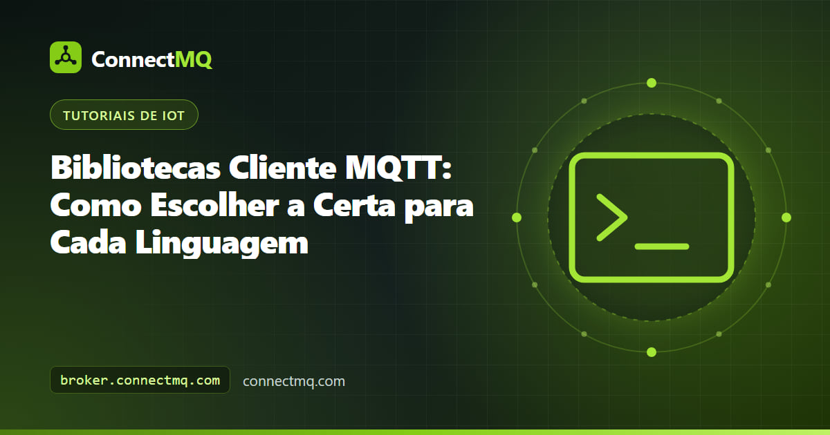 Janelas de editor de código em várias linguagens de programação conectadas a um único broker, ilustrando bibliotecas cliente MQTT