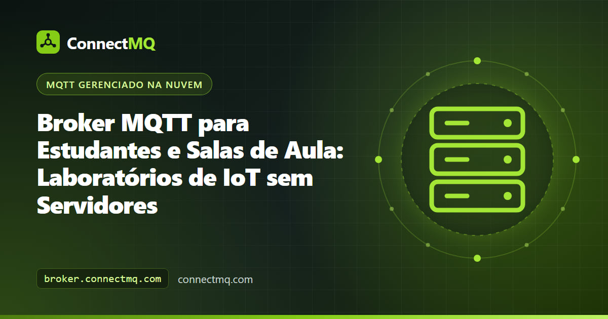 Ilustração de broker MQTT para estudantes mostrando uma sala de aula com equipes usando placas ESP32 e notebooks publicando em um broker compartilhado na nuvem