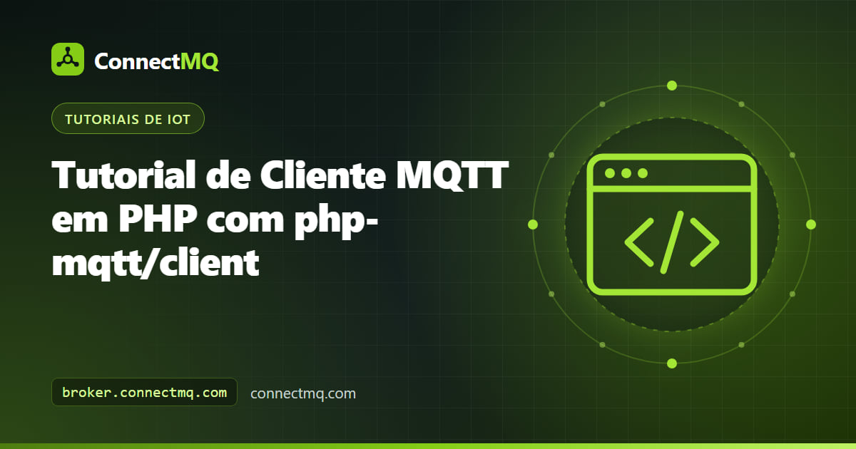 Diagrama de cliente MQTT em PHP com um app web publicando comandos e um worker em segundo plano assinando topics IoT em um broker na nuvem