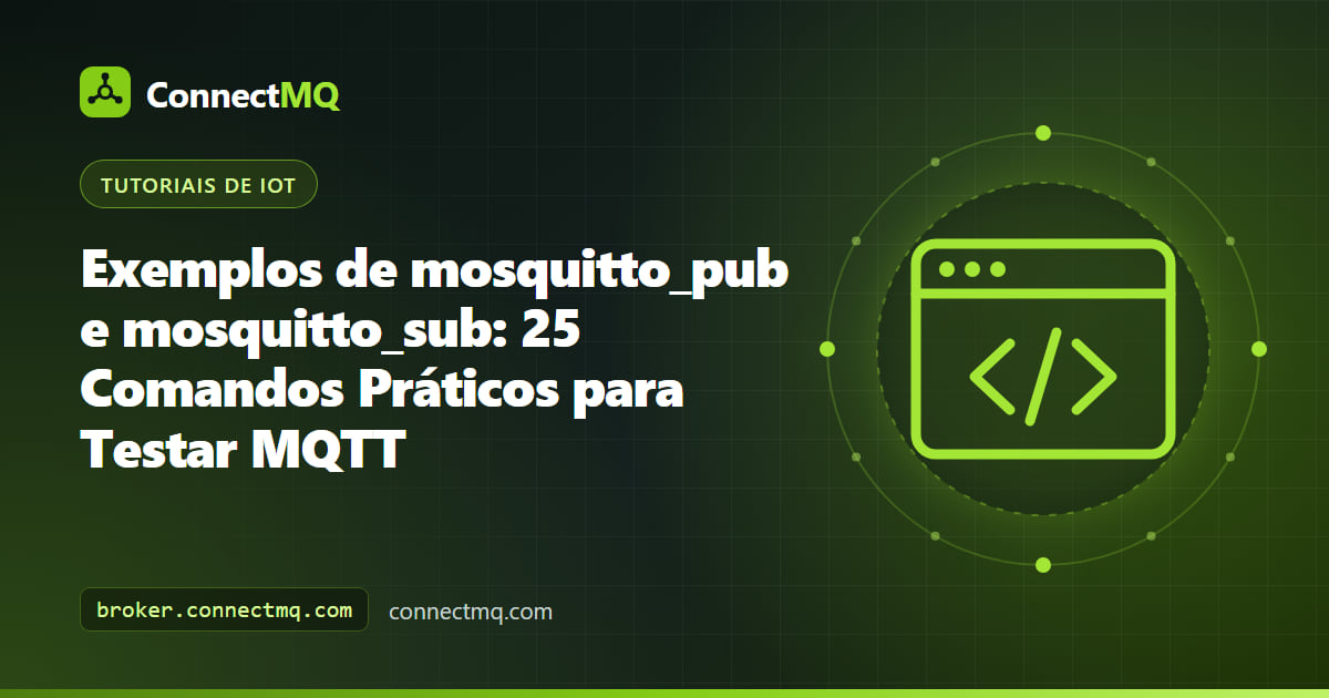 Janela de terminal com exemplos de mosquitto_pub e mosquitto_sub publicando e assinando em um broker MQTT na nuvem
