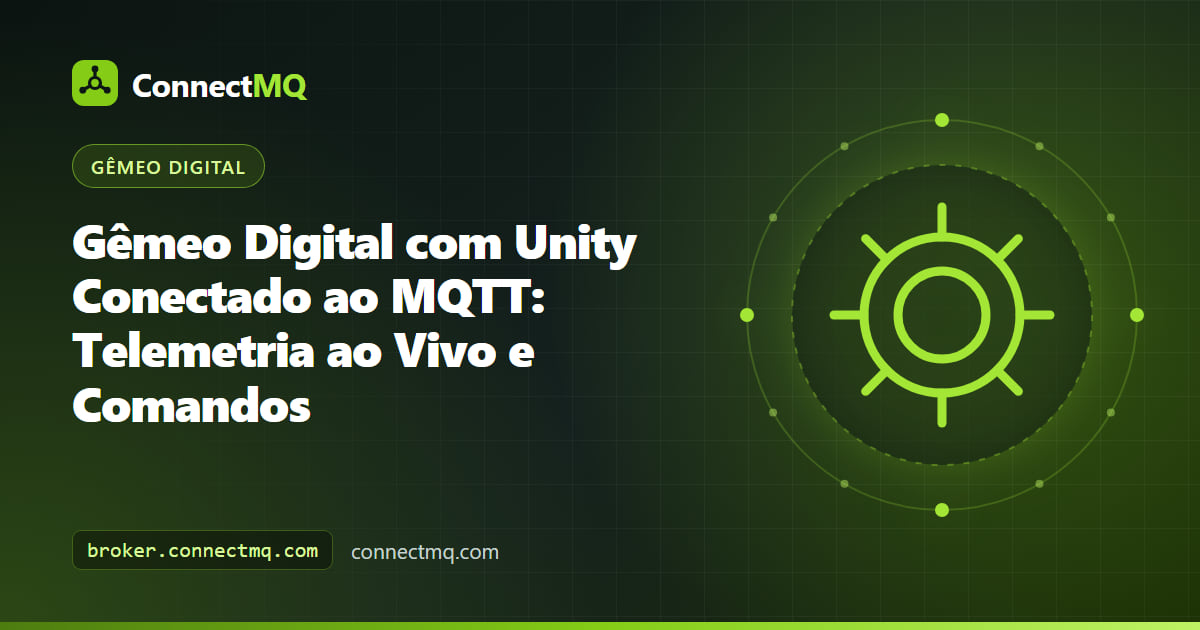 Gêmeo digital com Unity de uma bomba industrial girando e mudando de cor com telemetria MQTT ao vivo