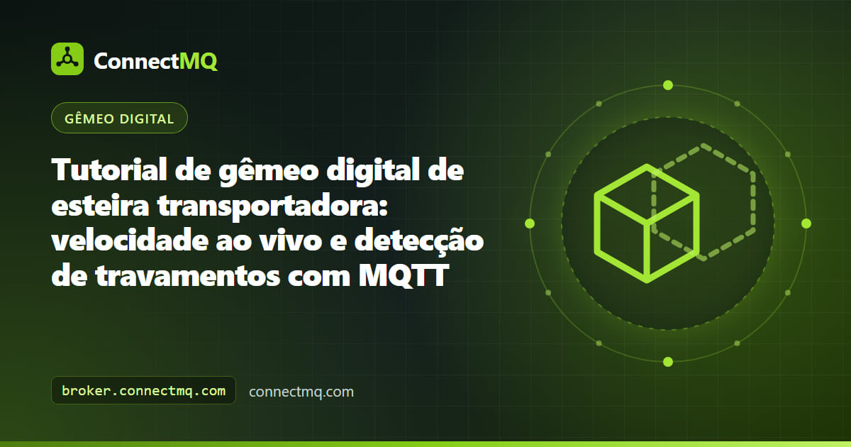 Gêmeo digital de esteira transportadora com rolos, caixas e um alerta vermelho de travamento alimentado por dados MQTT ao vivo