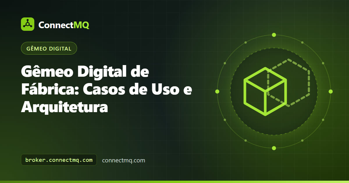 Gêmeo digital de fábrica mostrando uma linha de produção 3D com máquinas CNC, um braço robótico e uma esteira conectados a fluxos de dados MQTT ao vivo