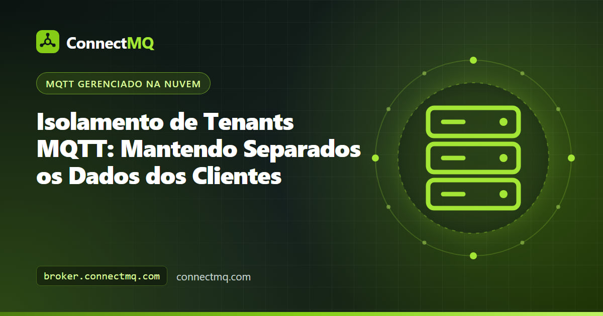 Ilustração de isolamento de tenants MQTT com compartimentos murados separados para os dispositivos e as mensagens de cada cliente em um broker