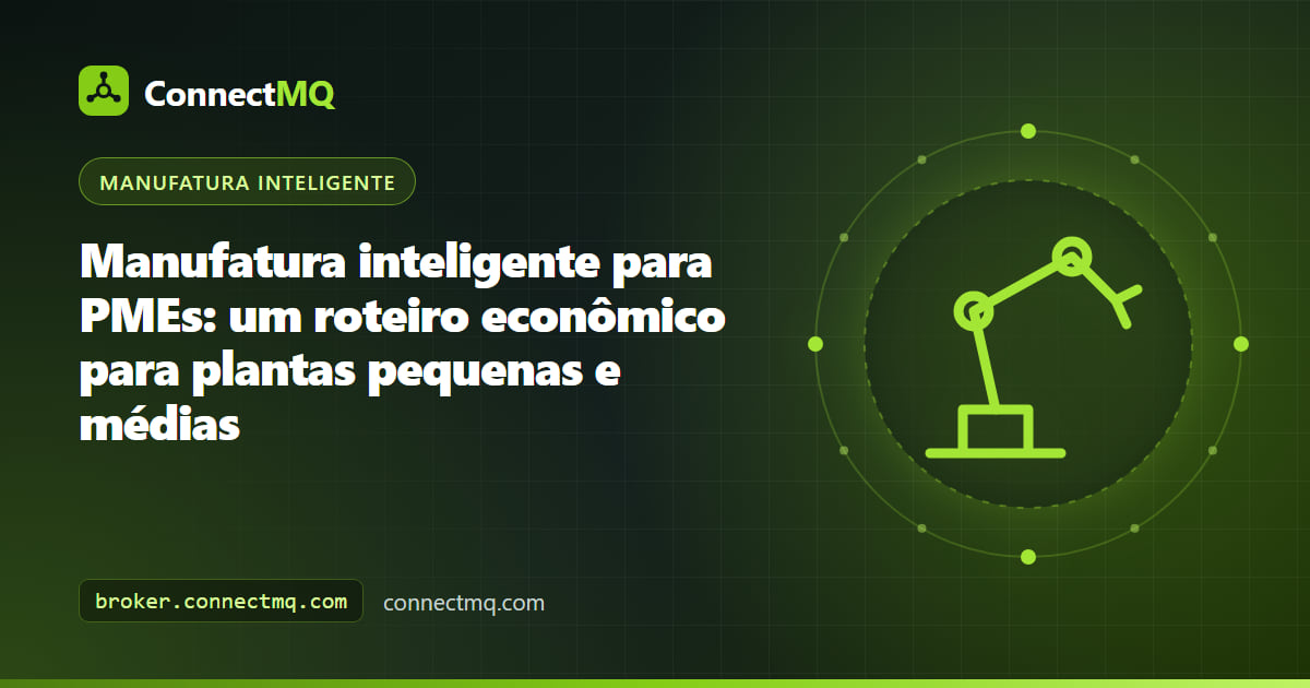 Ilustração de manufatura inteligente para PMEs mostrando uma pequena oficina com algumas máquinas equipadas com sensores enviando dados para um broker MQTT na nuvem e um dashboard