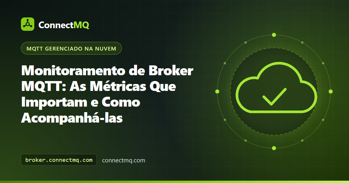 Ilustração de dashboard de monitoramento de broker MQTT com contagem de conexões, taxas de mensagens e gráficos de latência ao lado de um broker