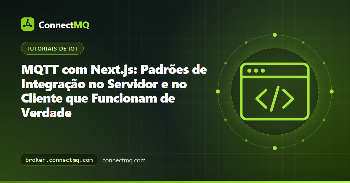 Diagrama de integração de MQTT com Next.js mostrando client components, route handlers e um broker MQTT na nuvem