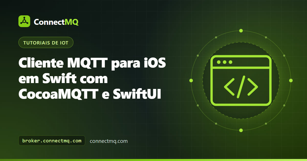 App MQTT para iOS em Swift em um iPhone mostrando leituras de sensores ao vivo de um broker na nuvem e um botão de comando em SwiftUI