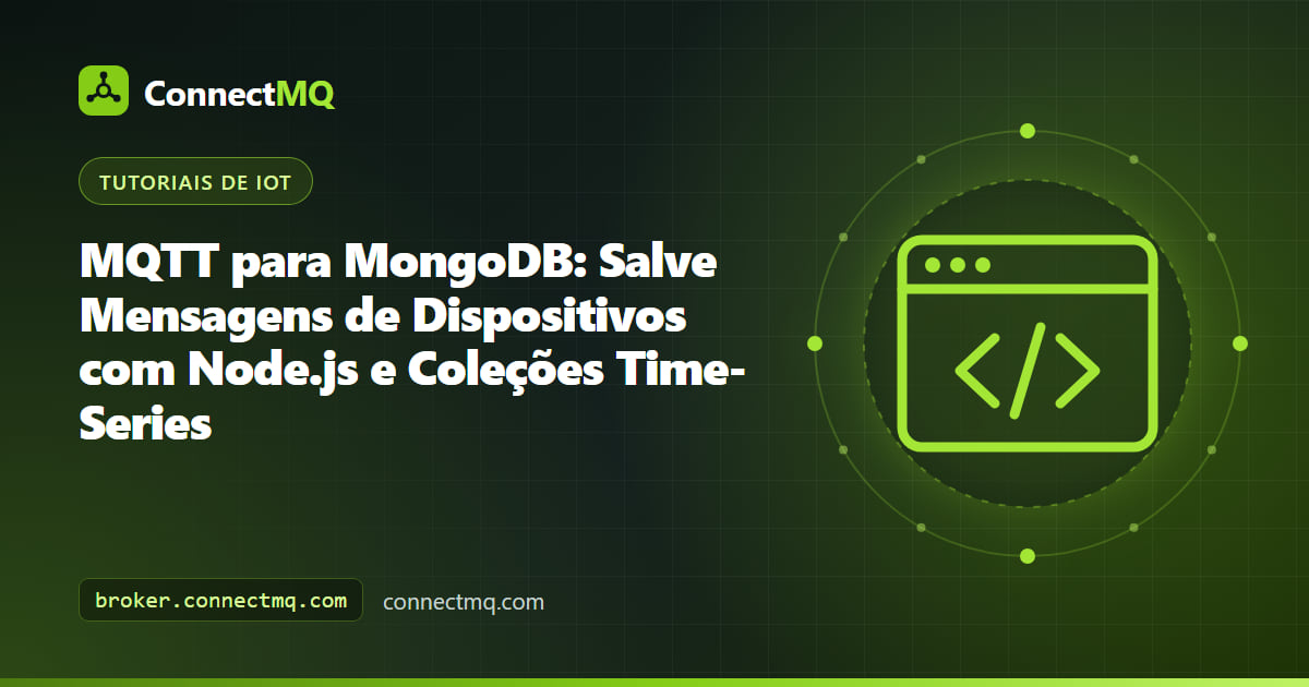 Pipeline de MQTT para MongoDB com dispositivos IoT, um broker na nuvem e um subscriber Node.js gravando mensagens em lotes em uma coleção time-series do MongoDB