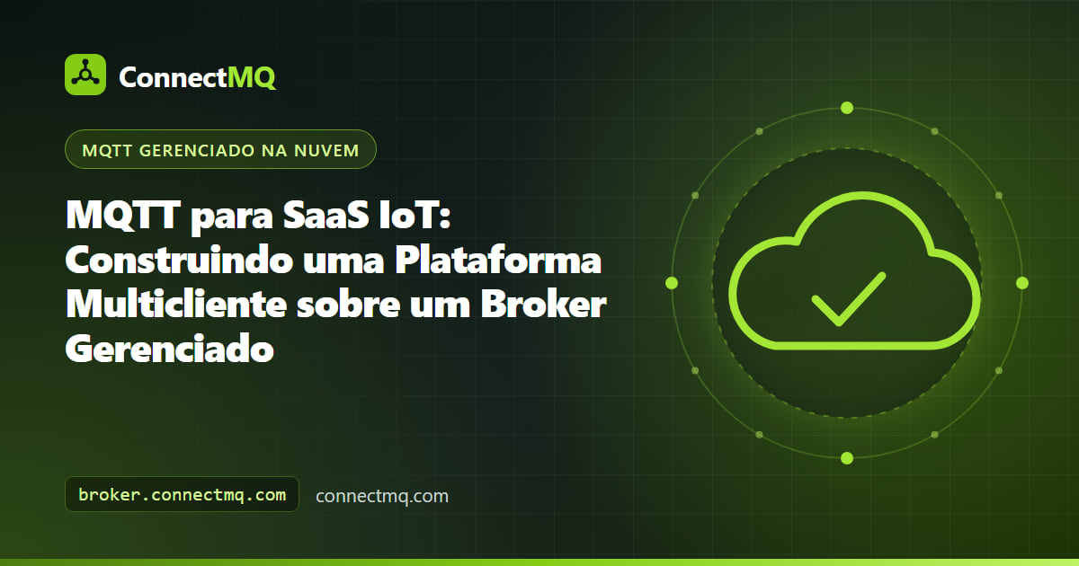 Ilustração de arquitetura MQTT para SaaS IoT com frotas de dispositivos de vários clientes alimentando brokers isolados e um back-end SaaS compartilhado