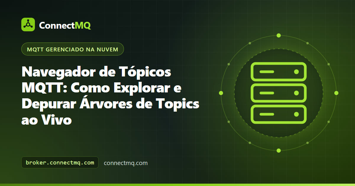 Navegador de tópicos MQTT exibindo uma árvore hierárquica de topics ao vivo com sensores, linhas e máquinas atualizando em tempo real
