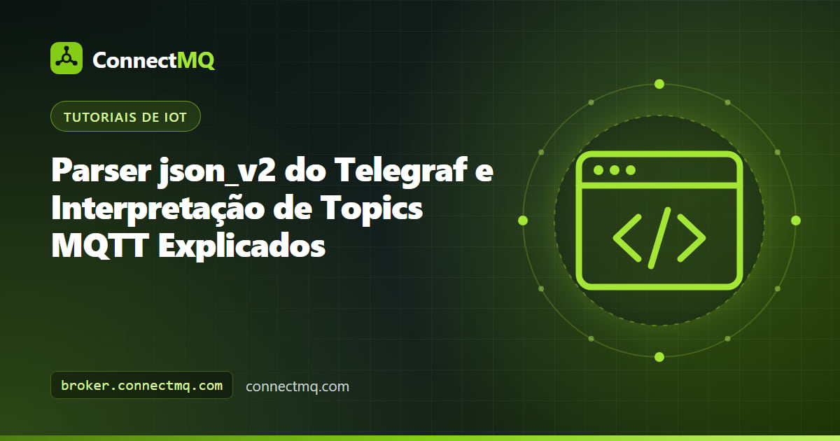 Parser json_v2 do Telegraf mapeando payloads JSON MQTT aninhados e segmentos do topic em measurements, tags e fields
