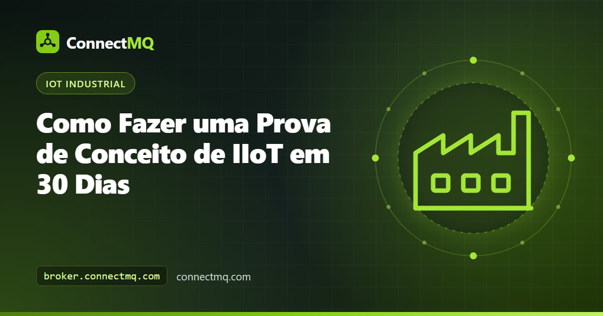 Calendário de 30 dias ao lado de uma máquina CNC, um gateway e um dashboard, representando uma prova de conceito de IIoT