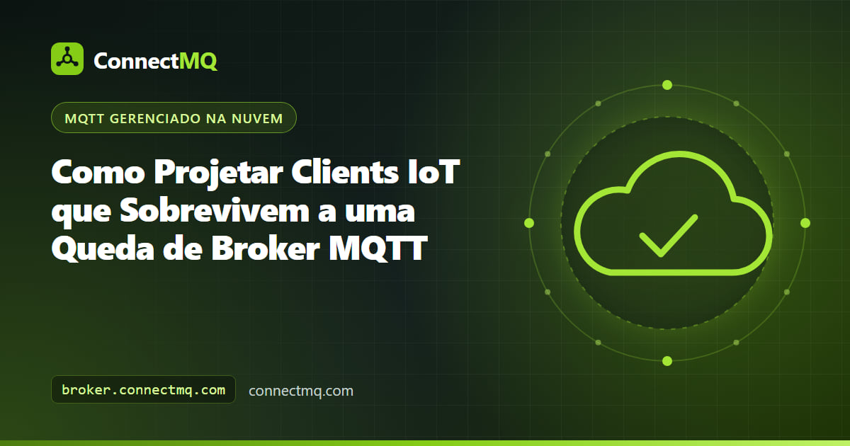 Dispositivos IoT armazenando dados localmente durante uma queda de broker MQTT e reconectando com backoff quando o broker volta