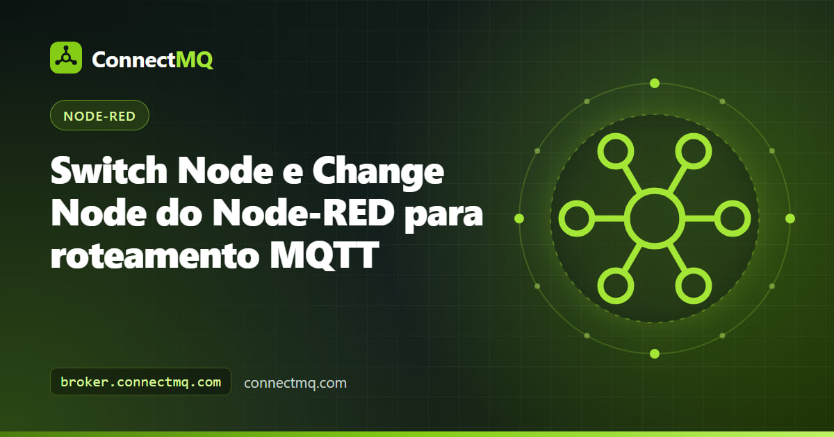Switch node do Node-RED dividindo mensagens MQTT em três saídas que alimentam change nodes e um nó MQTT out
